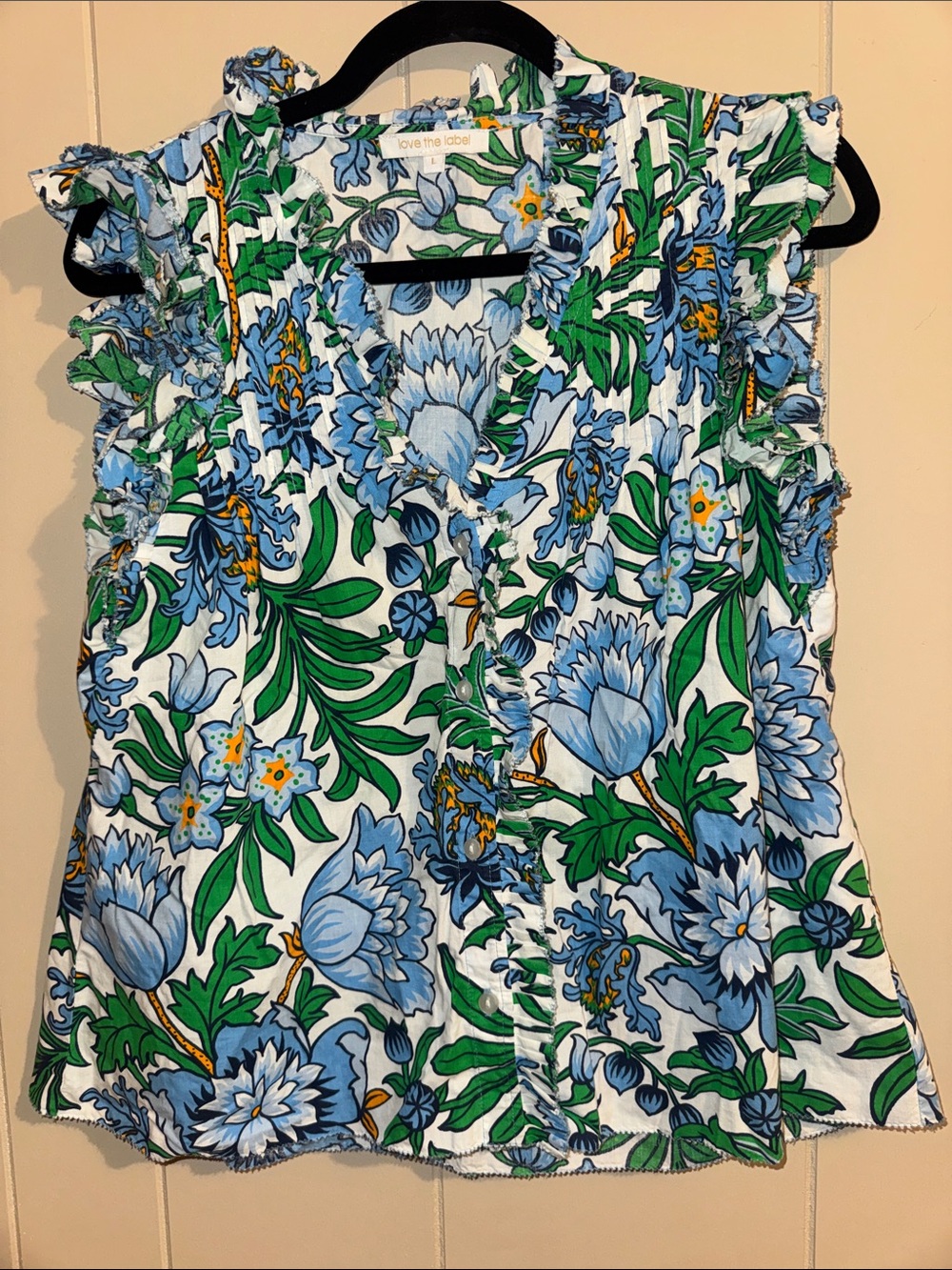 Love the Label Blue & Green Floral Ruffle Sleeve Blouse